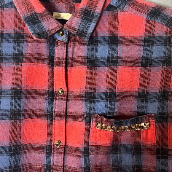 Hollister Plaid Button Up Blouse Women’s Medium Beaded Chest Pocket Y2K - Picture 3 of 7